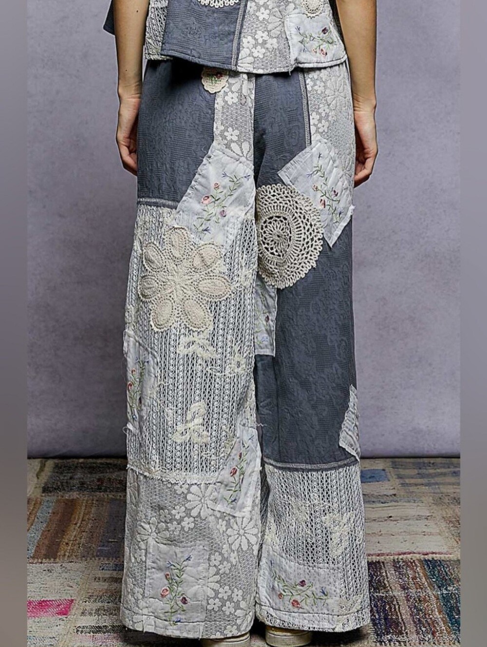 POL“Dream Patch Set“Crochet Blue Patchwork Matching Set, Pants&Tank Sz Small - Picture 7 of 16